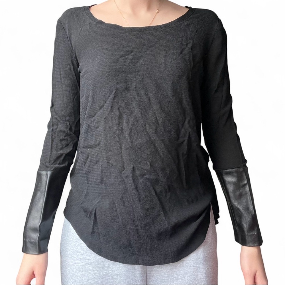 Club Monaco Black Long Sleeve Top with Leather Accents